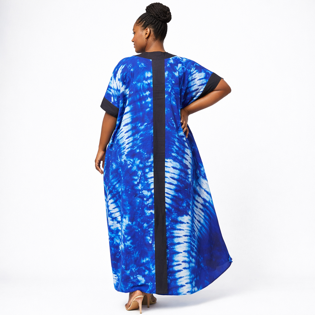 Blue Abstract Print Long Gown with Contrast Trim